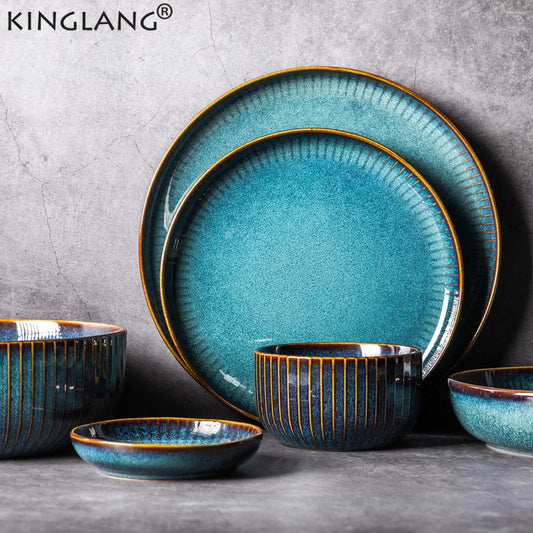 Nordic Style Stripe Kiln Glazed Ceramic Dinnerware|Salad Bowl. Soup Bowl. Round Dish.Fish Plate. Dinnerware. Tableware|