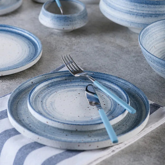New Japanese Style Blue Modern Ink & Sesame Glaze Ceramic Dinnerware Set | Plates. Bowls. Plates .Dishes. Spoon|