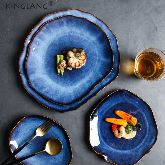 Blue hole Japanese Style Lrregular Ceramic Dish |Dessert Plate. Flat Plate. Dinnerware. Dishes|