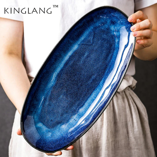 Japanese Style Blue Kiln Glaze Ceramic Long Plate | Steamed Fish Plate. Large Dish. Sushi Plate. long Plate|
