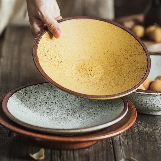 Japanese Style Frame Edge Sand Texture Kiln Glaze Ceramic Shallow Dish |Plate. Noodle Bowl. Salad Dish|