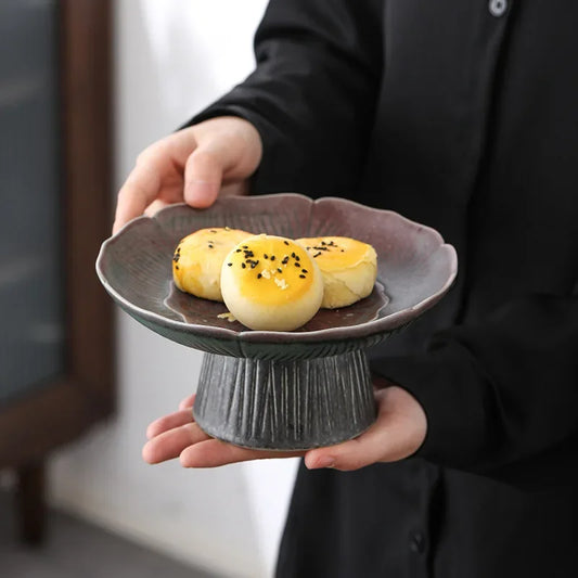 Lotus Shape Drainable High Foot Kiln Glaze Ceramic Plate |Cake Tray. Snack & Dessert Plate. Fruit Dish |