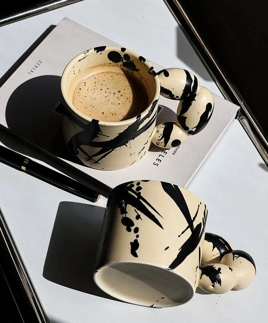 Modern Cream & Handmade Ink Ceramic Mug |Coffee Cup. Drinking Utensil. Home Drinkware. Soup Cup|
