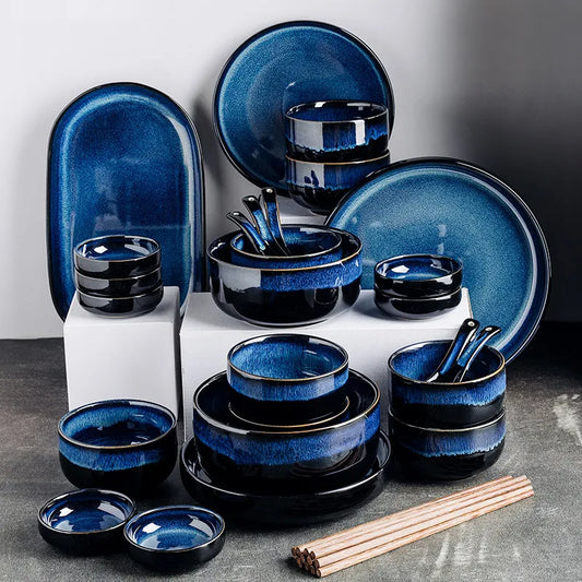 Black Blue hand-painted Kiln Glaze Ceramic Dinnerware |Plates Set. Dish. Bowl.Fish Plate.Long Dish|