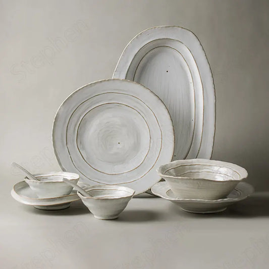 Contemporary Handmade Style Abstract Line Classical Glazed Kiln Ceramic Tableware |Plate. Dish. Bowl.Tableware.Dinnerware|