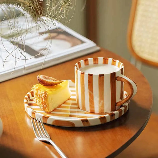 Nordic Striped Ceramic Plate & Cafe Mug |Dishe. Plate. Dishe Plate. Coffee Mug. Cup With Tray. Tableware Set|